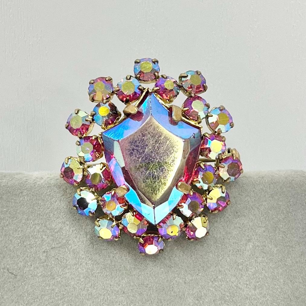 Vintage Aurora Borealis Ruby Crystal Sheild Style Brooch Gold Plate Statement Piece TheGreenGlassGemShop