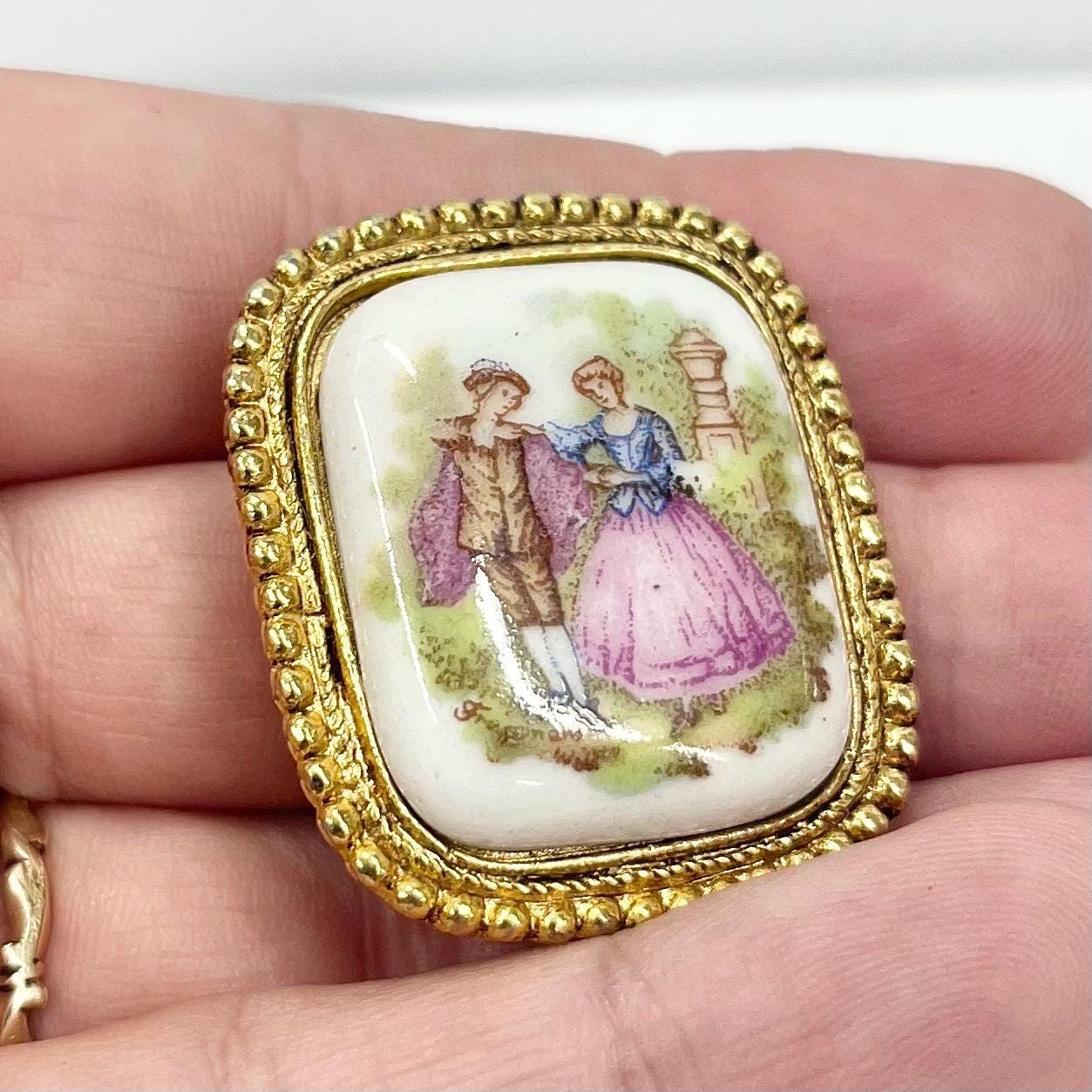 Vintage Limoges Victorian Style Porcelain Brooch of a Couple in a Garden Gold Plate Romantic Statement Piece TheGreenGlassGemShop