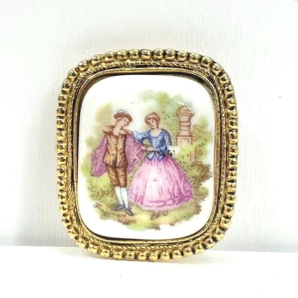 Vintage Limoges Victorian Style Porcelain Brooch of a Couple in a Garden Gold Plate Romantic Statement Piece TheGreenGlassGemShop