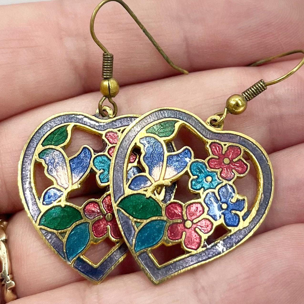 Vintage Cloisonne Style Enamel Floral Heart Drop Earrings in a Gold Tone Setting 1980’s - 1990’s TheGreenGlassGemShop