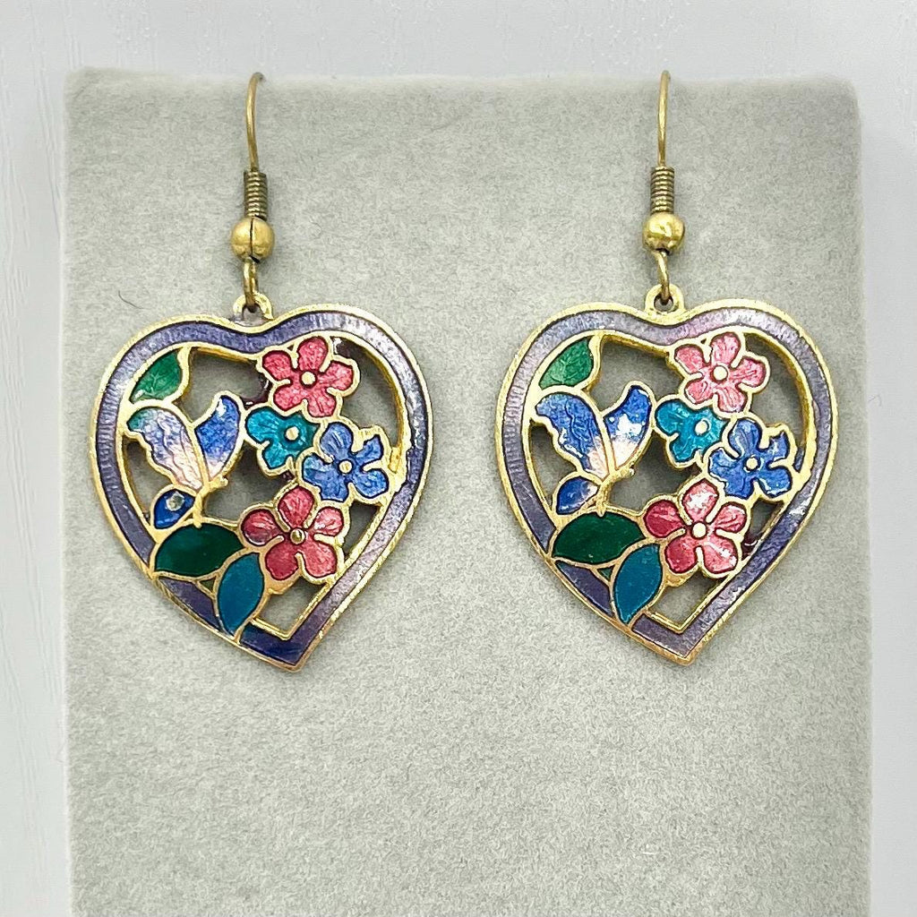 Vintage Cloisonne Style Enamel Floral Heart Drop Earrings in a Gold Tone Setting 1980’s - 1990’s TheGreenGlassGemShop