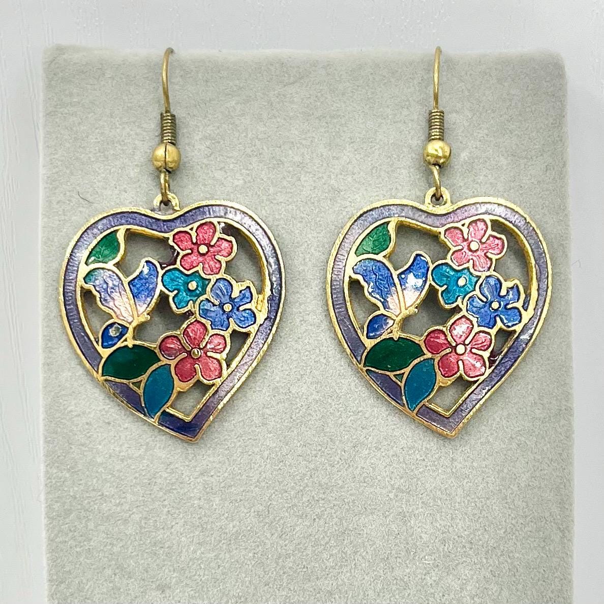 Vintage Cloisonne Style Enamel Floral Heart Drop Earrings in a Gold Tone Setting 1980’s - 1990’s TheGreenGlassGemShop