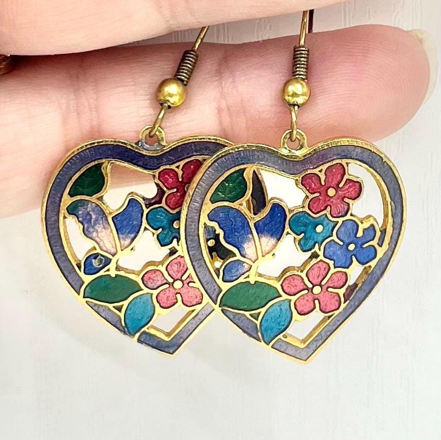 Vintage Cloisonne Style Enamel Floral Heart Drop Earrings in a Gold Tone Setting 1980’s - 1990’s TheGreenGlassGemShop