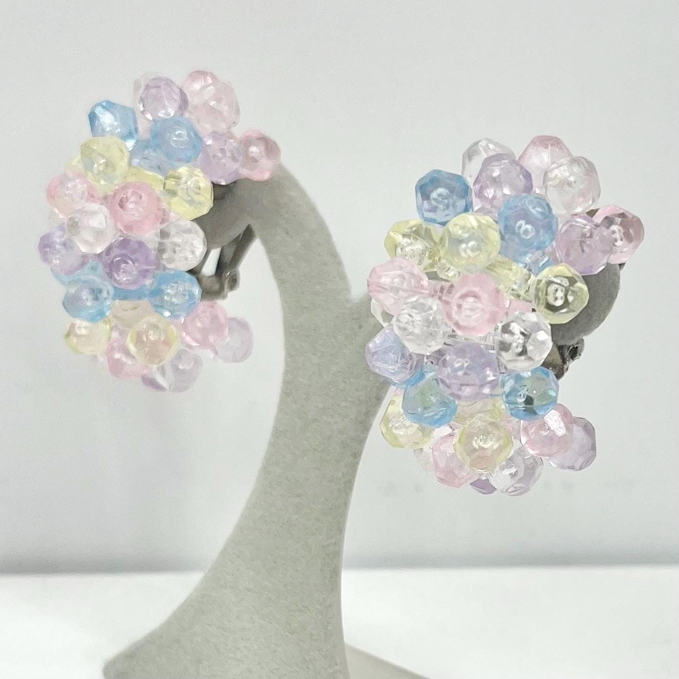 Vintage Pastel Bubble Beads Clip On Half Hoop Earrings Light Weight Retro 80’s Kitsch TheGreenGlassGemShop