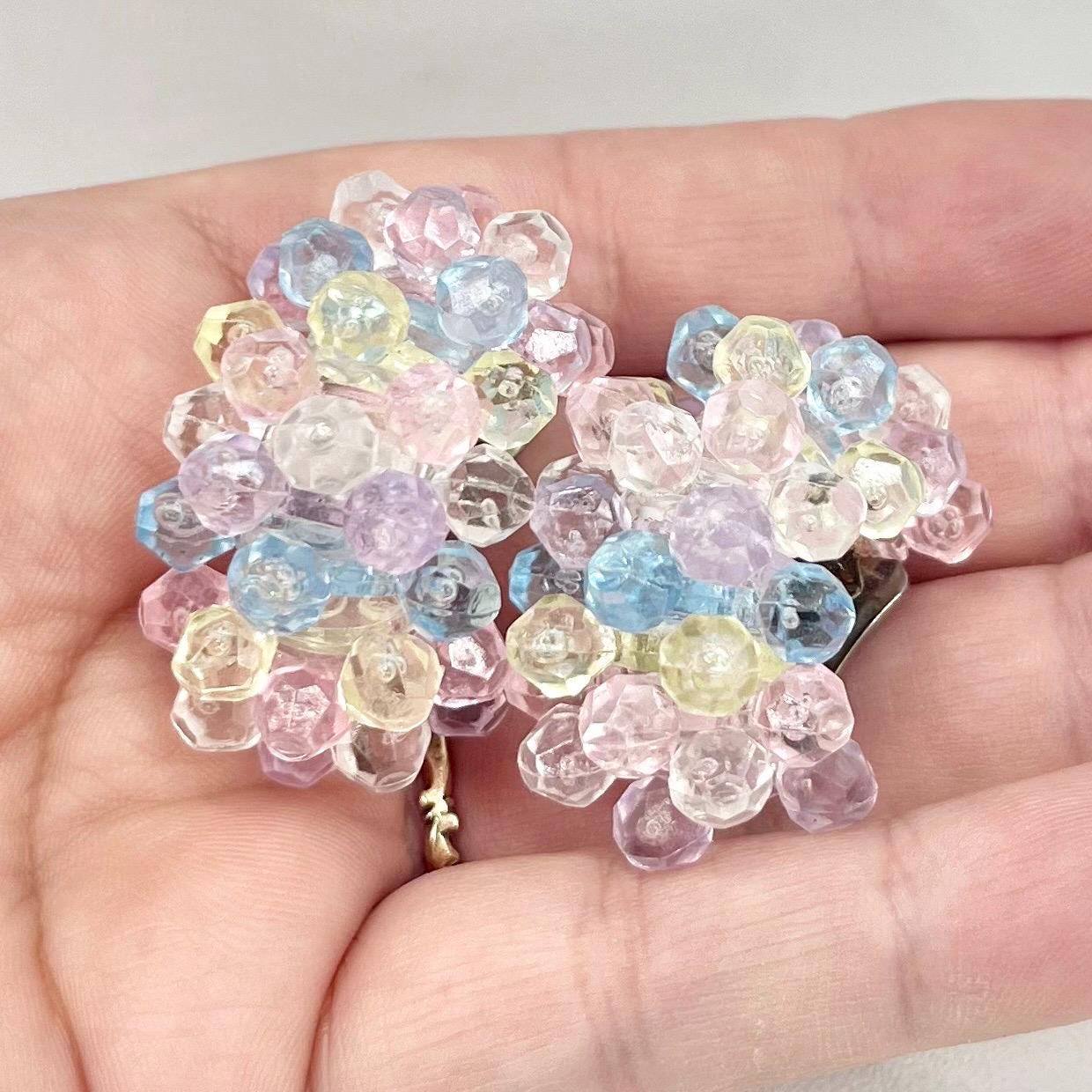 Vintage Pastel Bubble Beads Clip On Half Hoop Earrings Light Weight Retro 80’s Kitsch TheGreenGlassGemShop