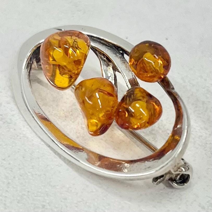 Vintage Sterling Silver Amber Nugget Brooch / Pendant Art Nouveau Leafy Floral Style TheGreenGlassGemShop