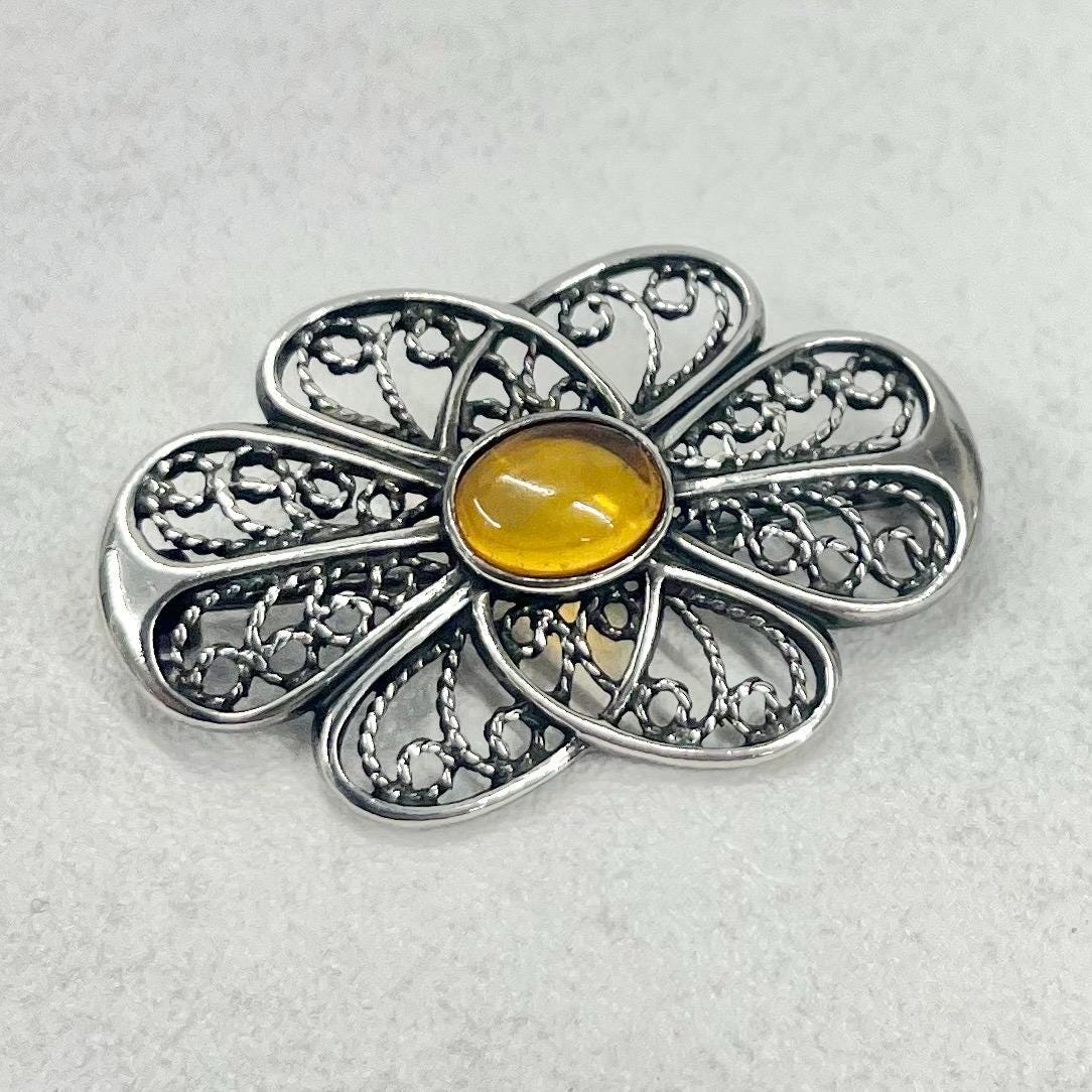 Vintage Filigree Openwork Sterling Silver Amber Brooch Art Nouveau Style Beautifully Designed TheGreenGlassGemShop