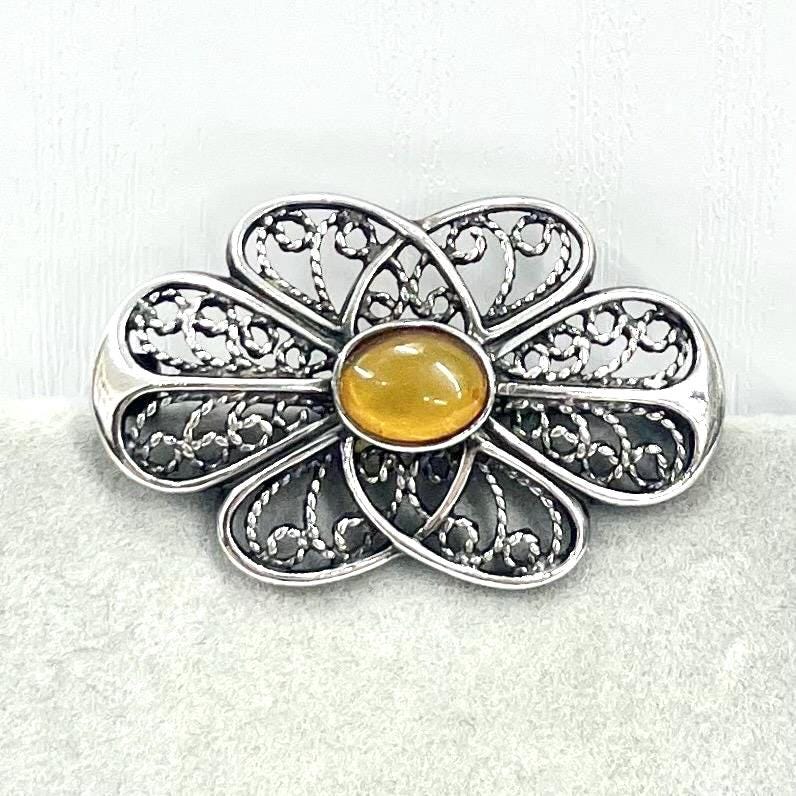 Vintage Filigree Openwork Sterling Silver Amber Brooch Art Nouveau Style Beautifully Designed TheGreenGlassGemShop