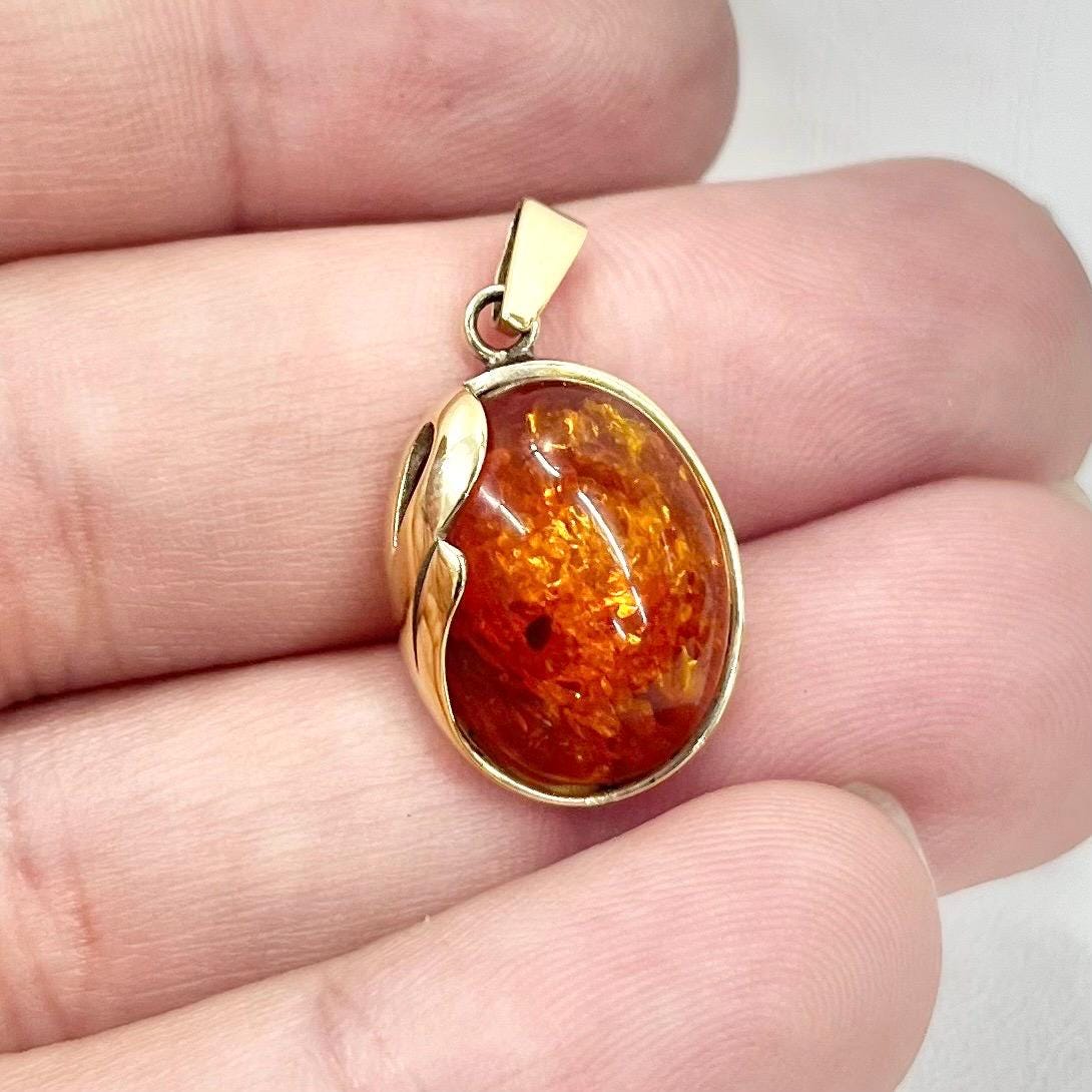 Vintage Petite Gilt Sterling Silver Domed Amber Pendant Art Nouveau Style Beautifully Designed Signed CH TheGreenGlassGemShop