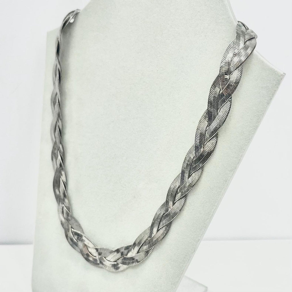 Vintage 16” Silver Tone Three Strand Herringbone Flat Plait Chain Necklace 1970’s - 1980’s TheGreenGlassGemShop