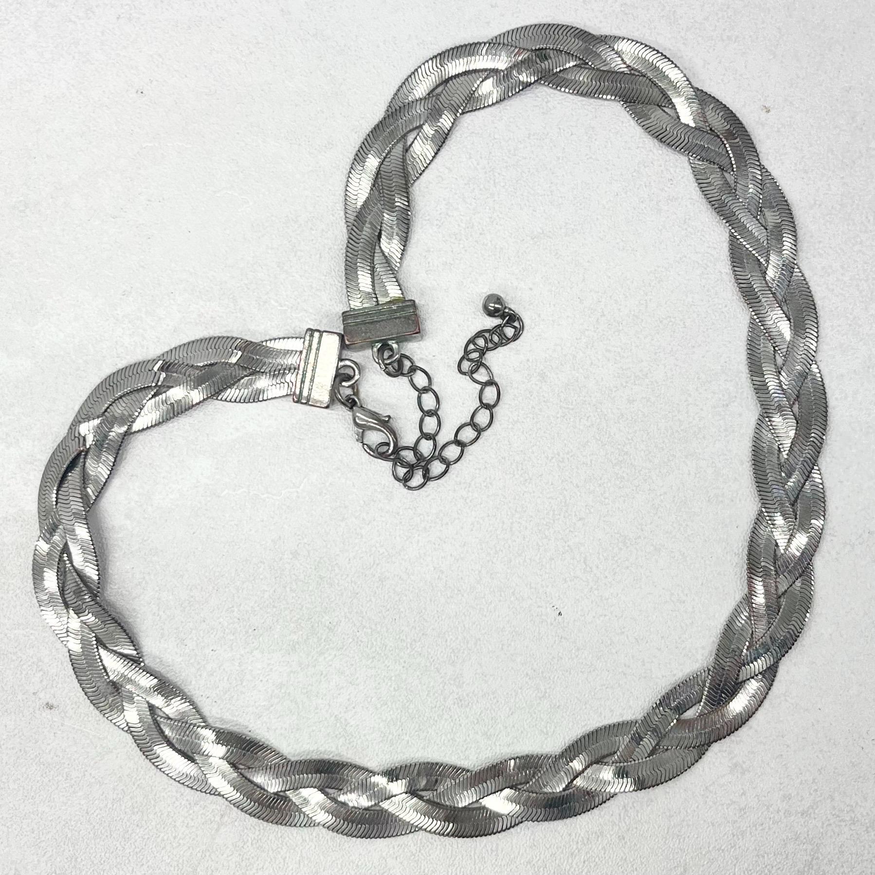 Vintage 16” Silver Tone Three Strand Herringbone Flat Plait Chain Necklace 1970’s - 1980’s TheGreenGlassGemShop