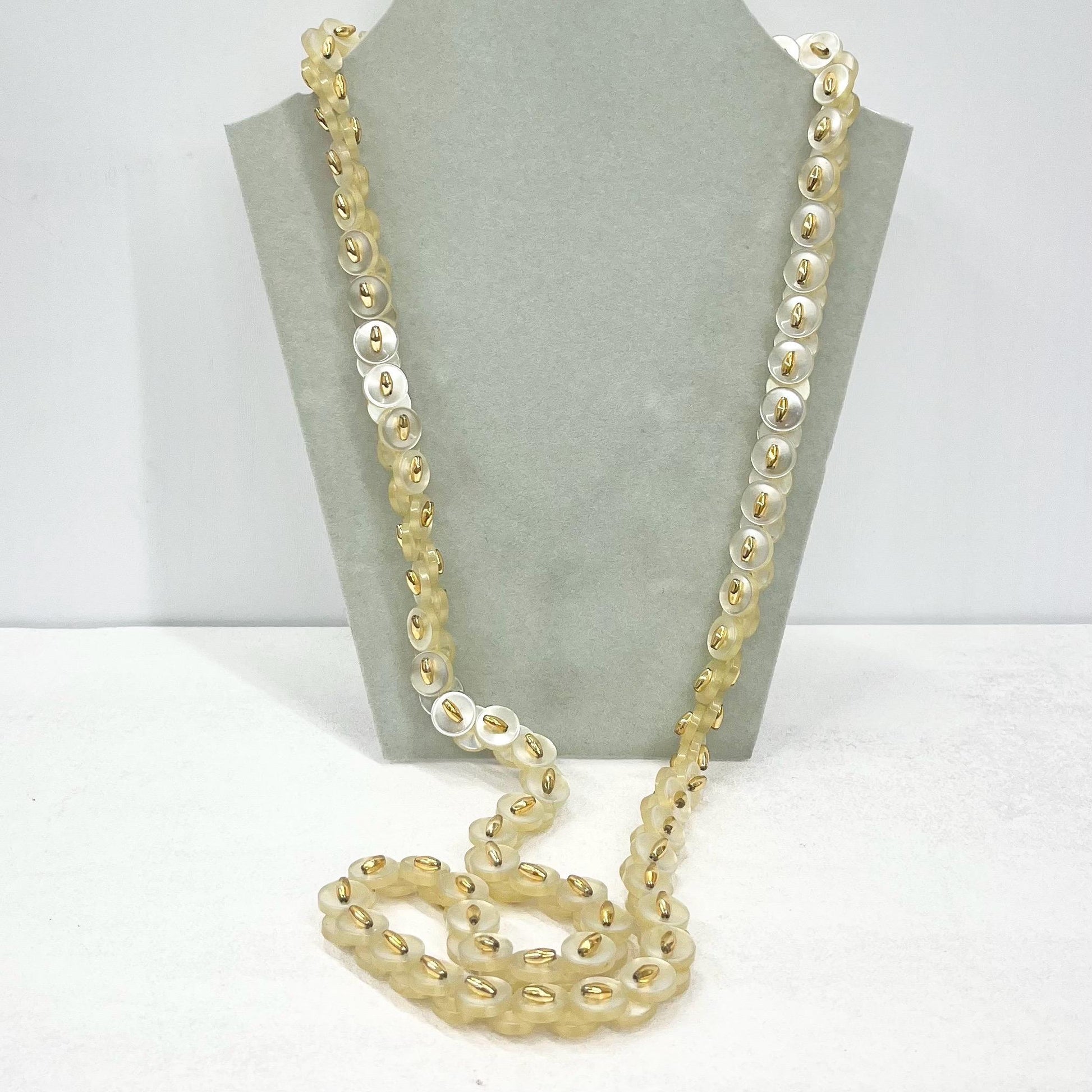 Vintage Handmade Cream Iridescent Acrylic Button Necklace 31” Long TheGreenGlassGemShop