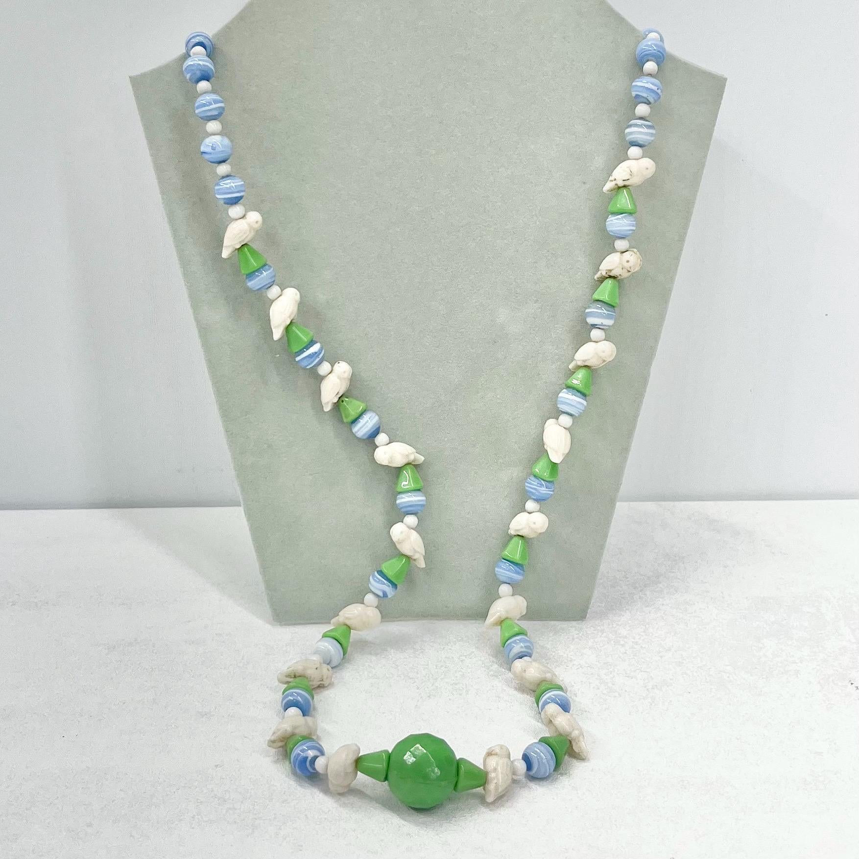 Vintage Art Deco Max Neiger Bird Bead Uranium Glass Necklace Egyptian Revival Green UV Reactive Glowing Jewellery 29” Long TheGreenGlassGemShop