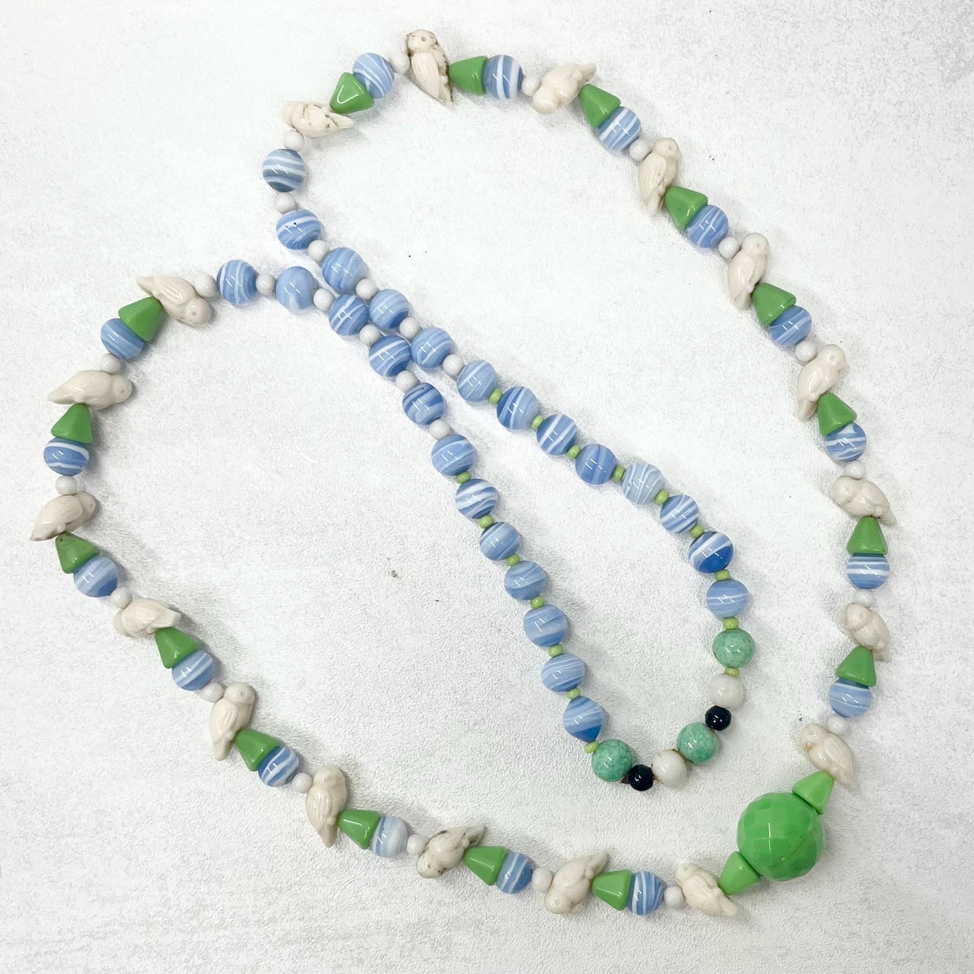 Vintage Art Deco Max Neiger Bird Bead Uranium Glass Necklace Egyptian Revival Green UV Reactive Glowing Jewellery 29” Long TheGreenGlassGemShop