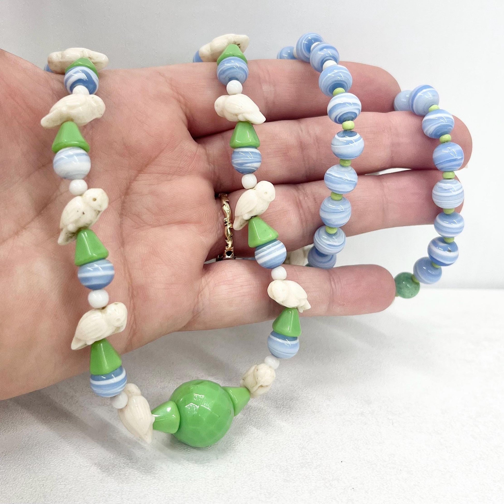 Vintage Art Deco Max Neiger Bird Bead Uranium Glass Necklace Egyptian Revival Green UV Reactive Glowing Jewellery 29” Long TheGreenGlassGemShop
