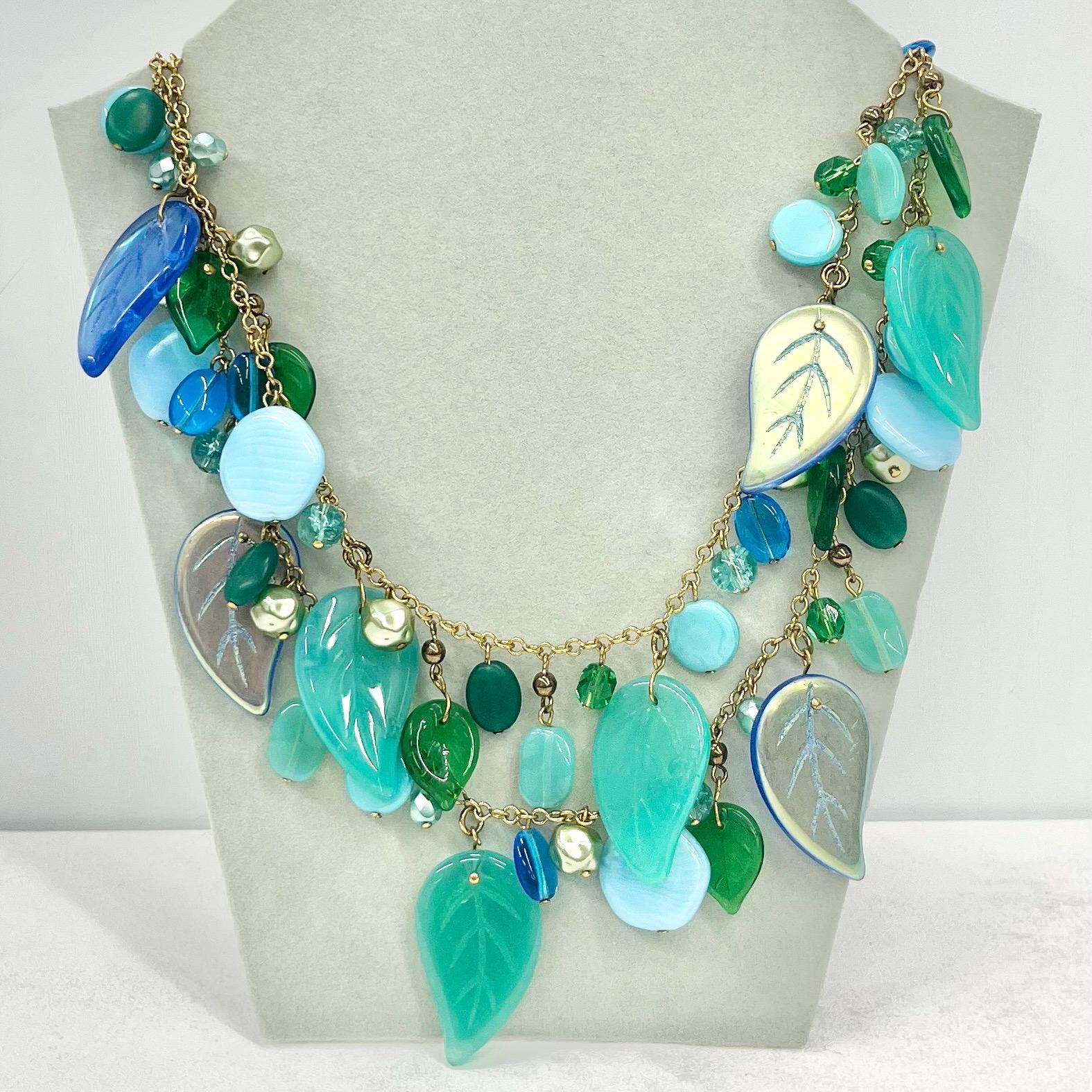 Vintage Czech Pressed Glass Leaf Drop Two Strand Necklace Teal Blue & Uranium Green UV Reactive Glowing Jewellery 18” Long TheGreenGlassGemShop