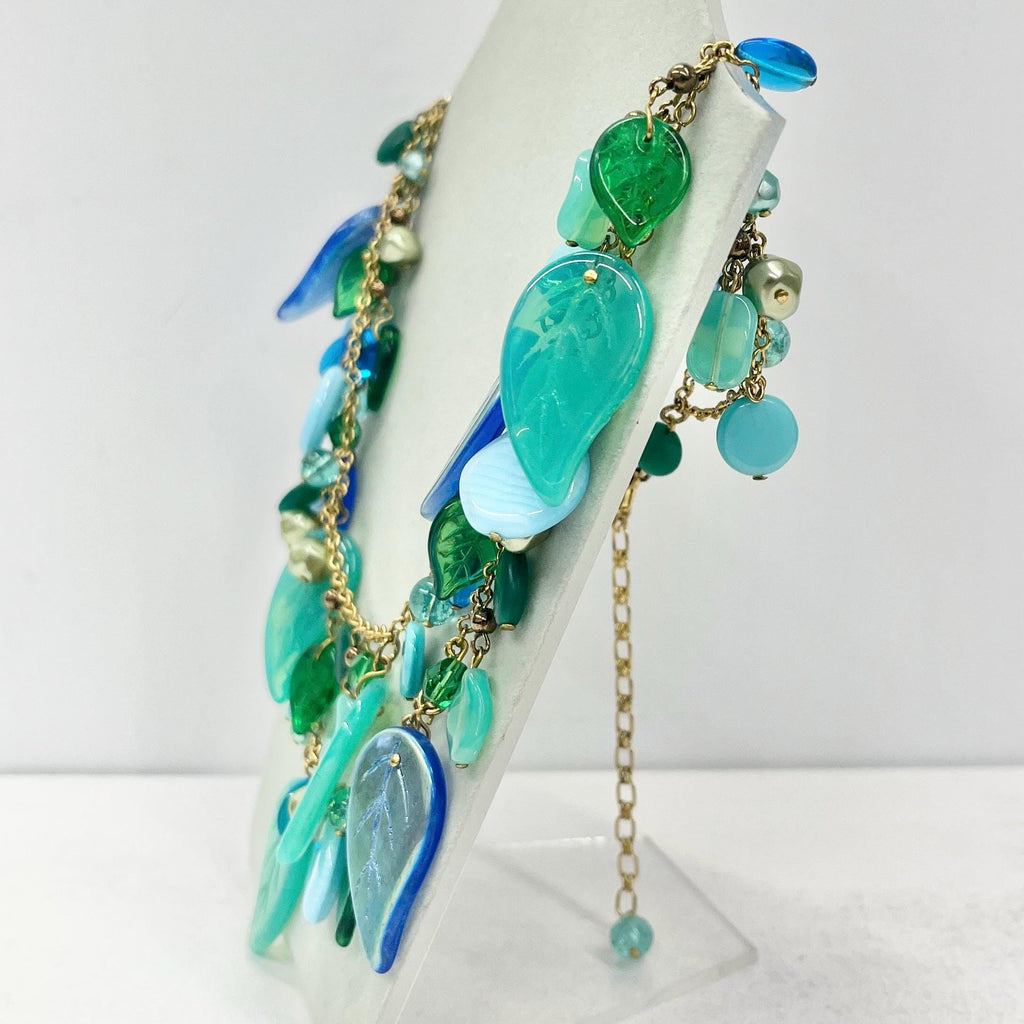 Vintage Czech Pressed Glass Leaf Drop Two Strand Necklace Teal Blue & Uranium Green UV Reactive Glowing Jewellery 18” Long TheGreenGlassGemShop