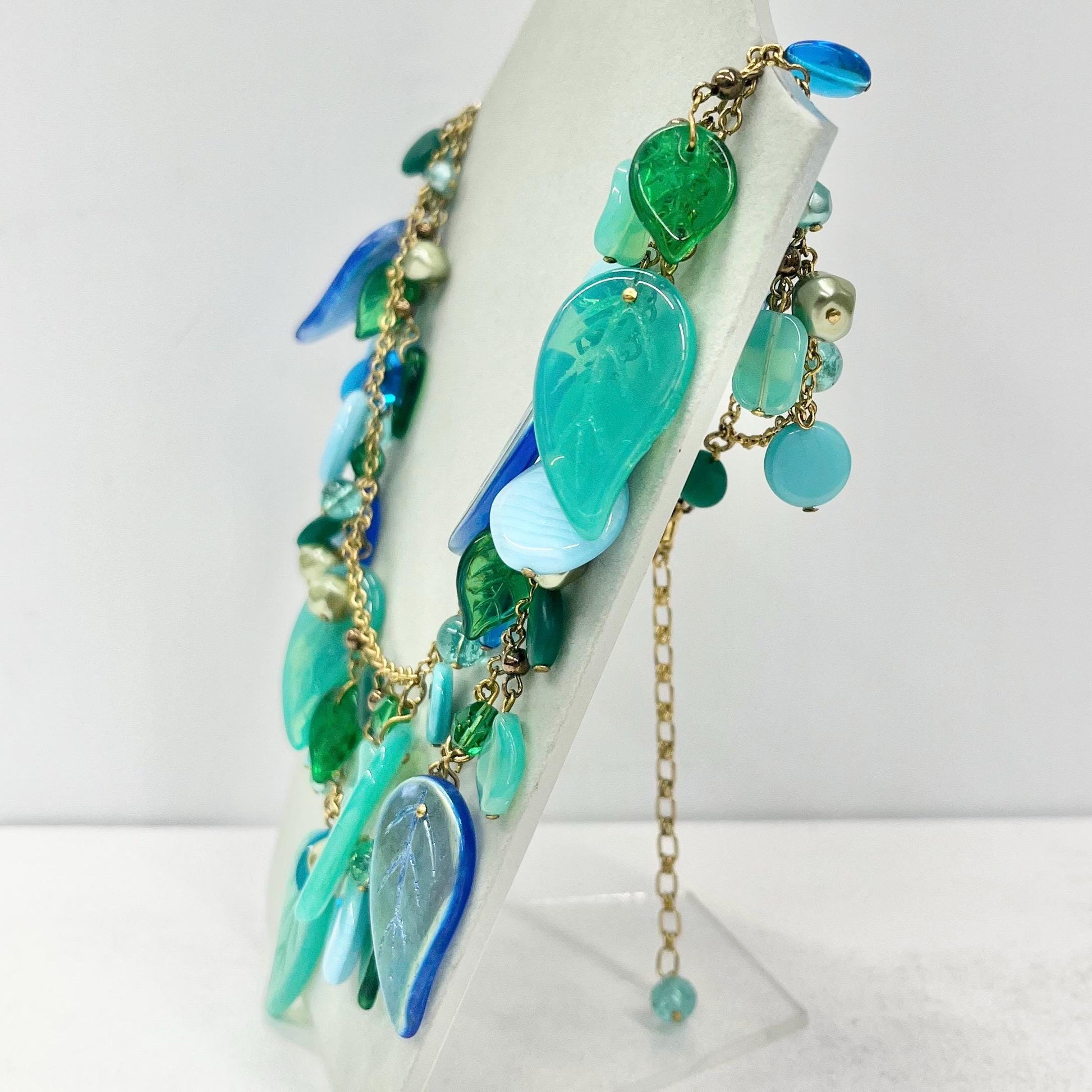 Vintage Czech Pressed Glass Leaf Drop Two Strand Necklace Teal Blue & Uranium Green UV Reactive Glowing Jewellery 18” Long TheGreenGlassGemShop