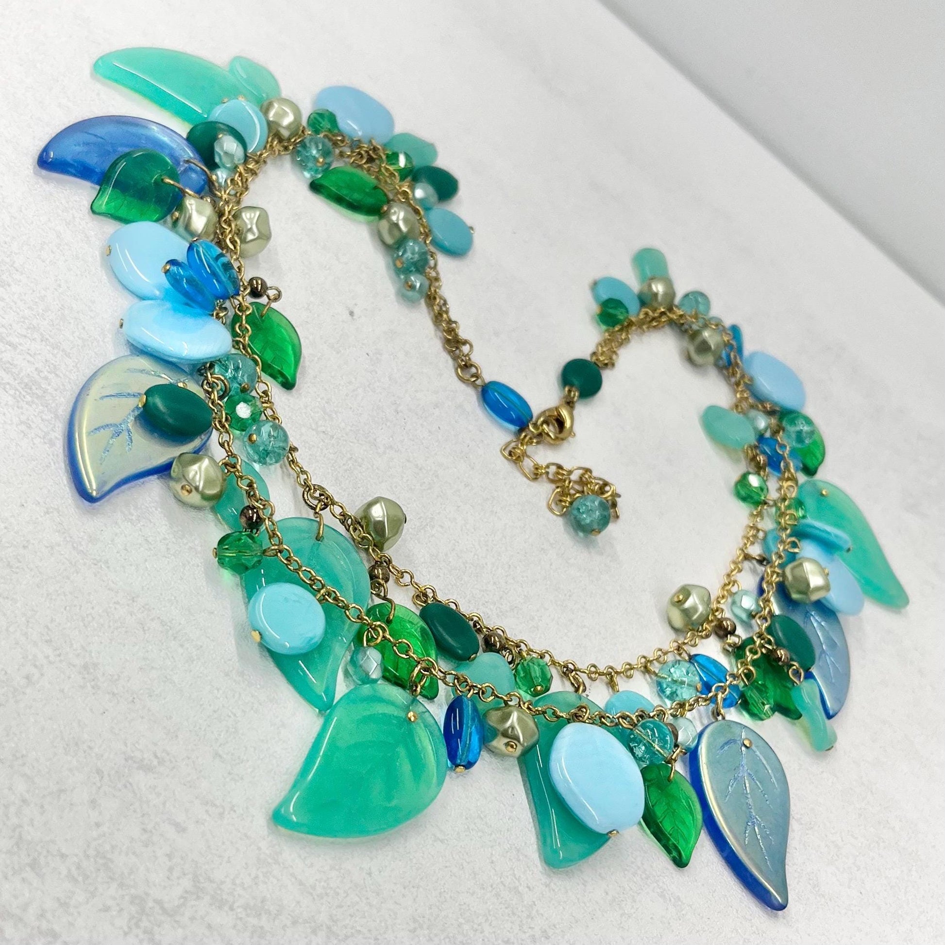 Vintage Czech Pressed Glass Leaf Drop Two Strand Necklace Teal Blue & Uranium Green UV Reactive Glowing Jewellery 18” Long TheGreenGlassGemShop