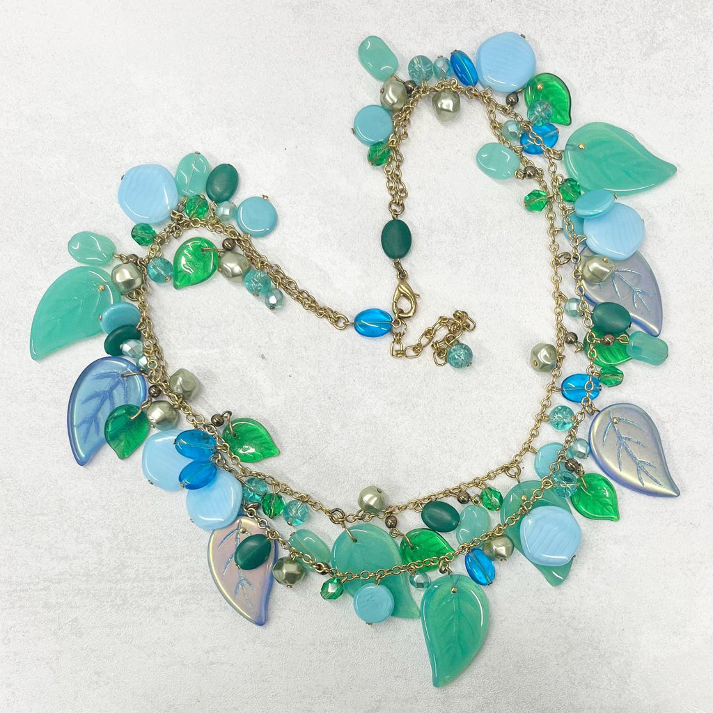 Vintage Czech Pressed Glass Leaf Drop Two Strand Necklace Teal Blue & Uranium Green UV Reactive Glowing Jewellery 18” Long TheGreenGlassGemShop