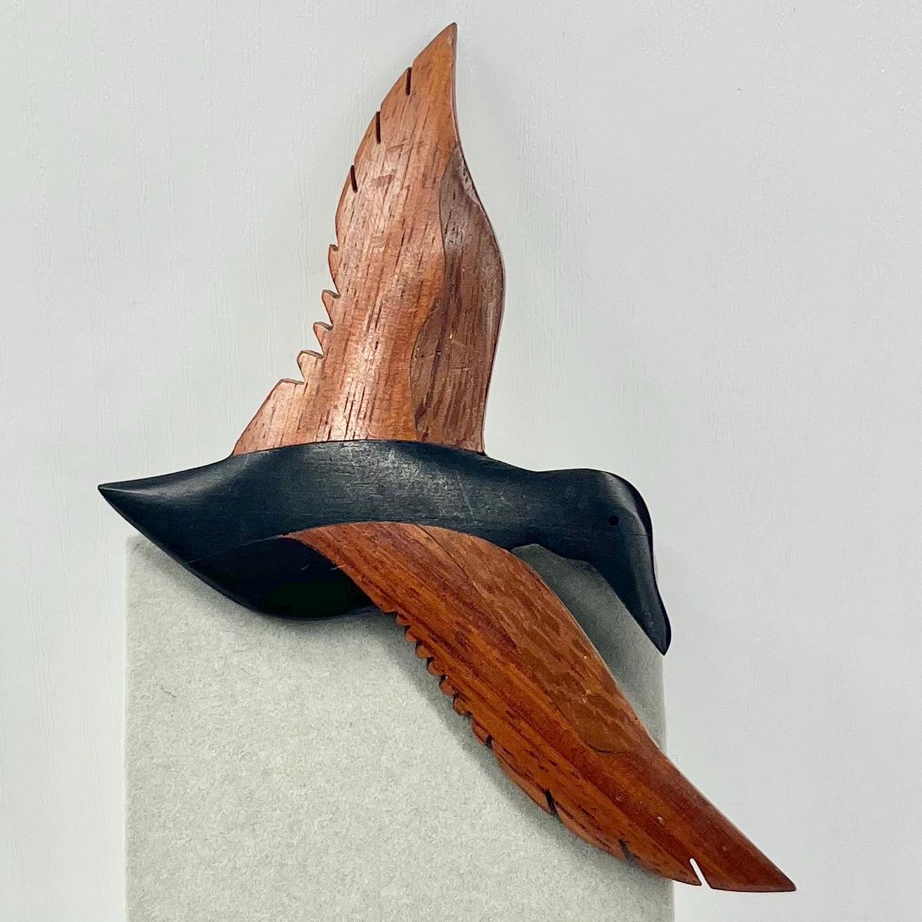 Vintage Hand Carved Two Tone Teak Wood Flying Bird Brooch 7cm Wide TheGreenGlassGemShop