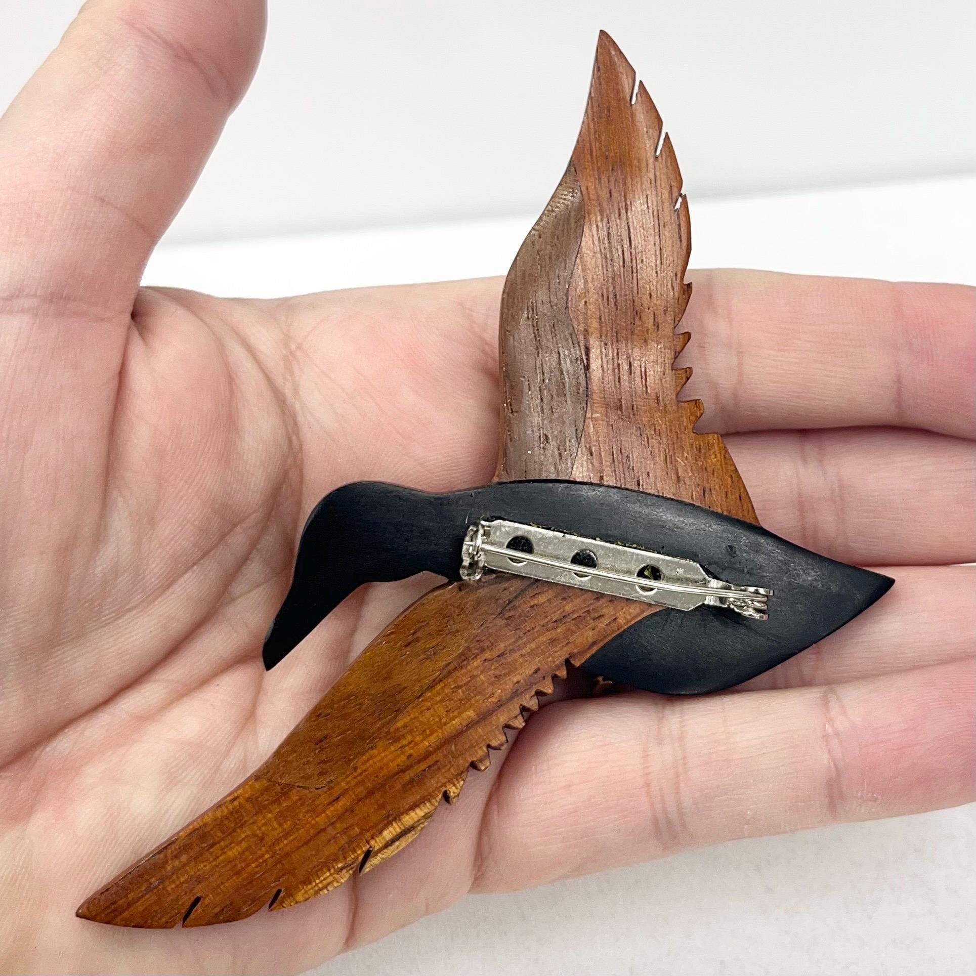Vintage Hand Carved Two Tone Teak Wood Flying Bird Brooch 7cm Wide TheGreenGlassGemShop