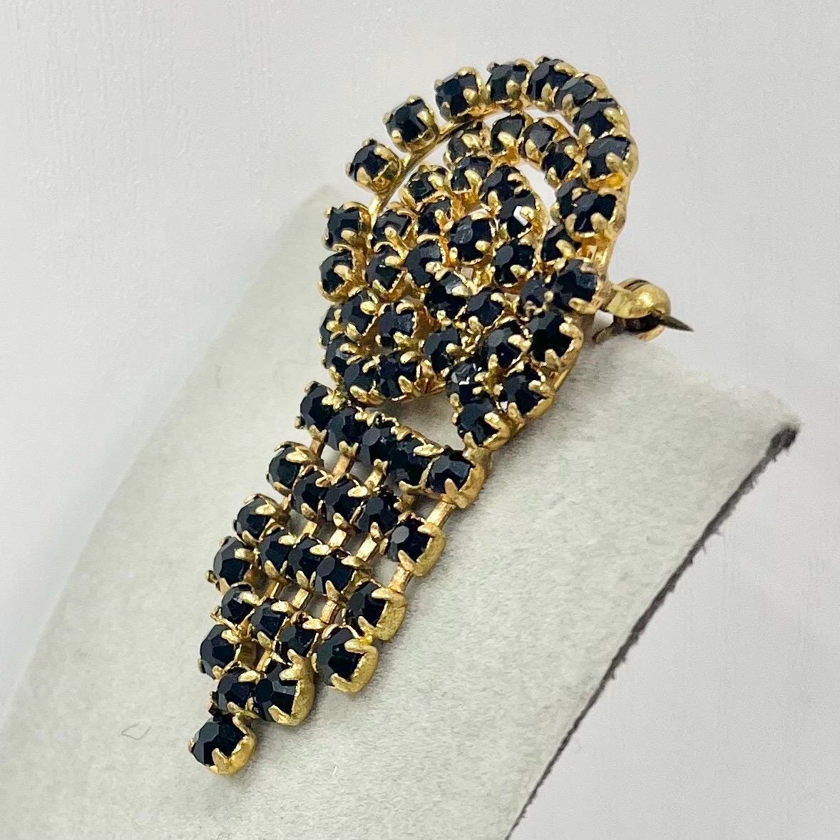 Vintage Large Gold Tone Black Diamante Crystal Tassle Drop Brooch Fantastic Statement Costume Jewellery Piece TheGreenGlassGemShop