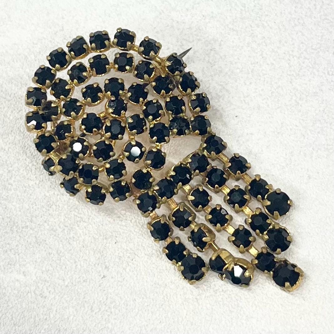 Vintage Large Gold Tone Black Diamante Crystal Tassle Drop Brooch Fantastic Statement Costume Jewellery Piece TheGreenGlassGemShop