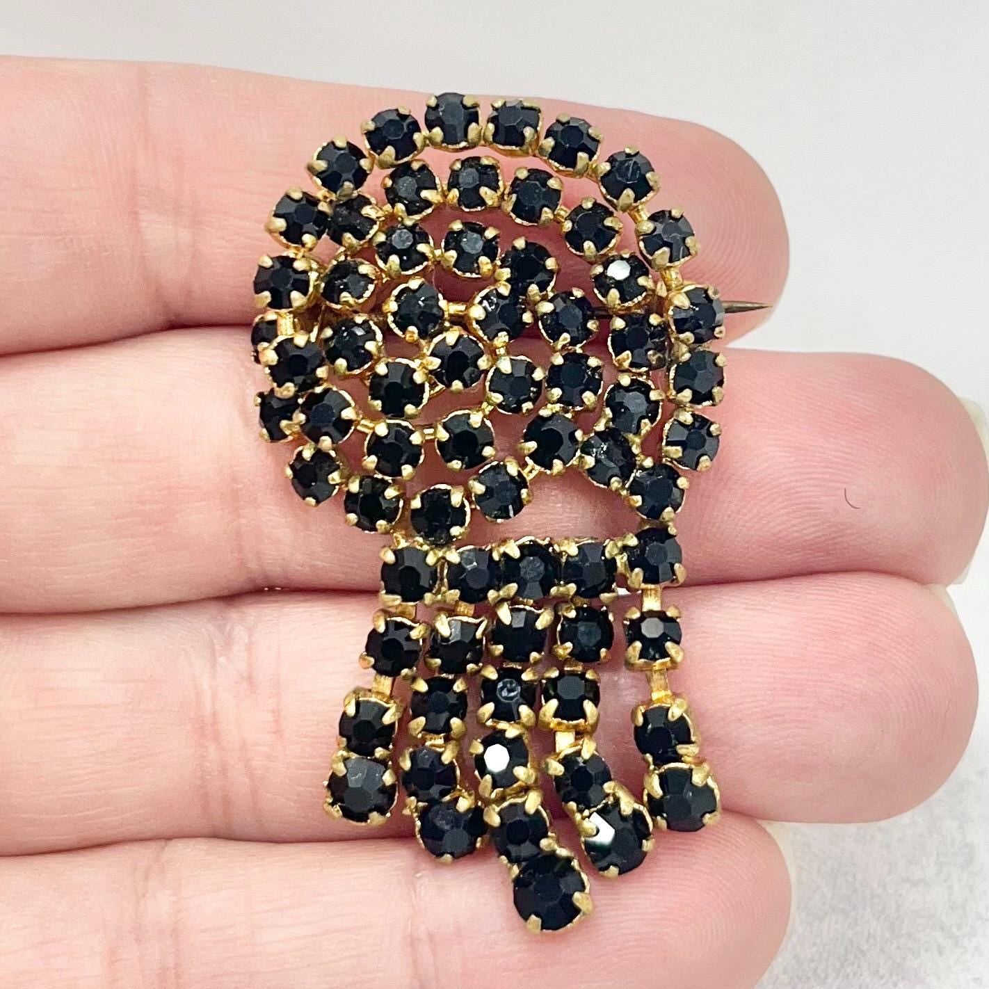 Vintage Large Gold Tone Black Diamante Crystal Tassle Drop Brooch Fantastic Statement Costume Jewellery Piece TheGreenGlassGemShop