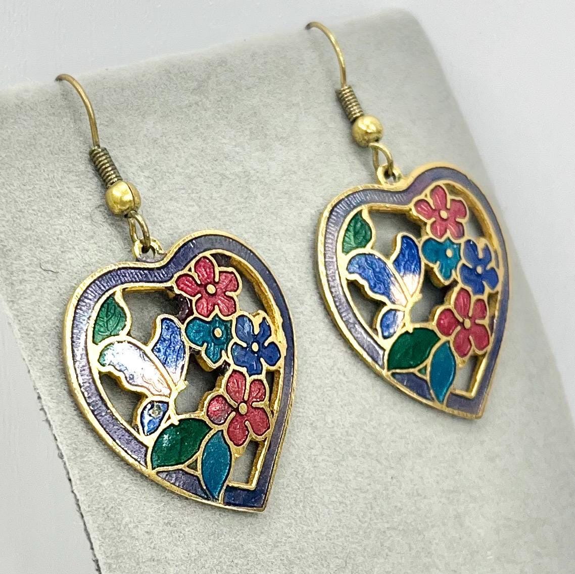 Vintage Cloisonne Style Enamel Floral Heart Drop Earrings in a Gold Tone Setting 1980’s - 1990’s TheGreenGlassGemShop