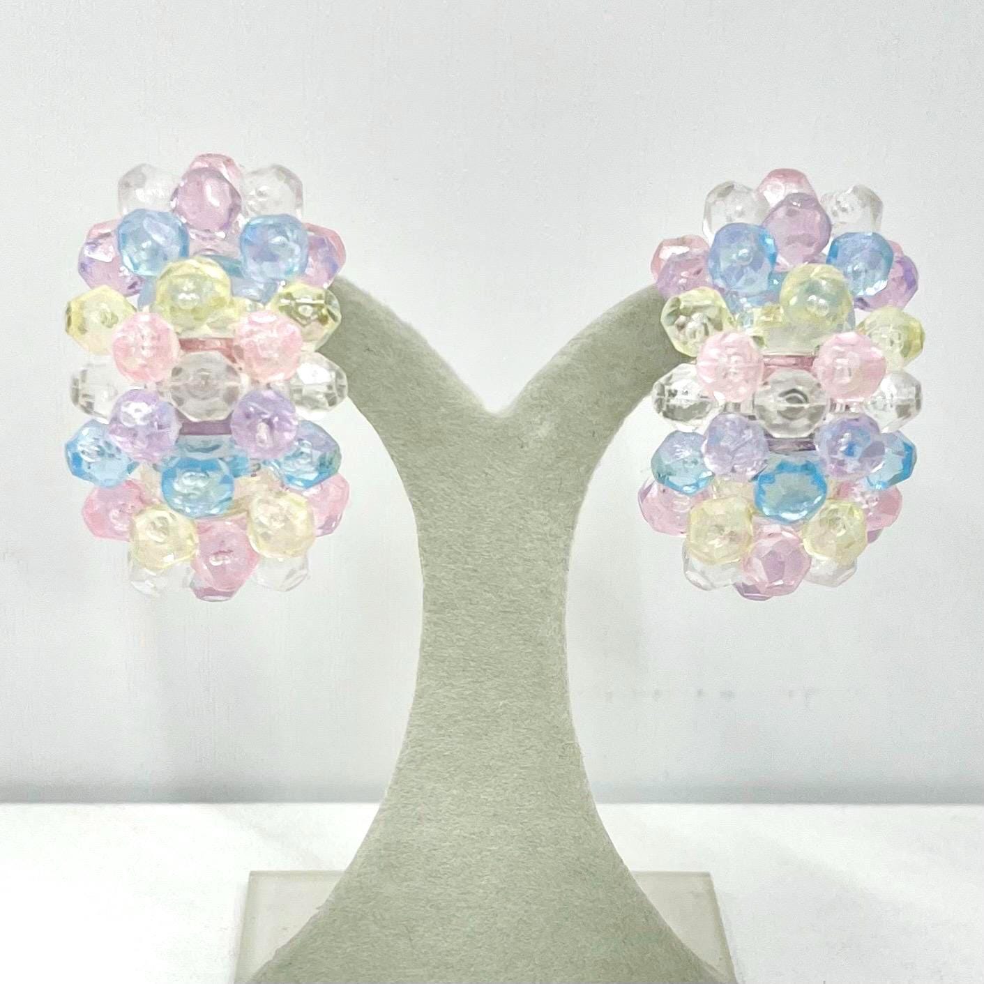Vintage Pastel Bubble Beads Clip On Half Hoop Earrings Light Weight Retro 80’s Kitsch TheGreenGlassGemShop