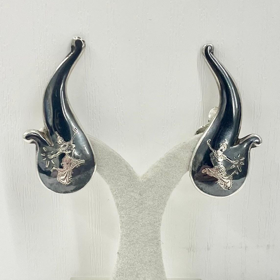 Vintage Sterling Silver Grey Enamelled Siam Dacinv Ladies Clip On Earrings 1970’s - 1980’s Ethnic Design TheGreenGlassGemShop