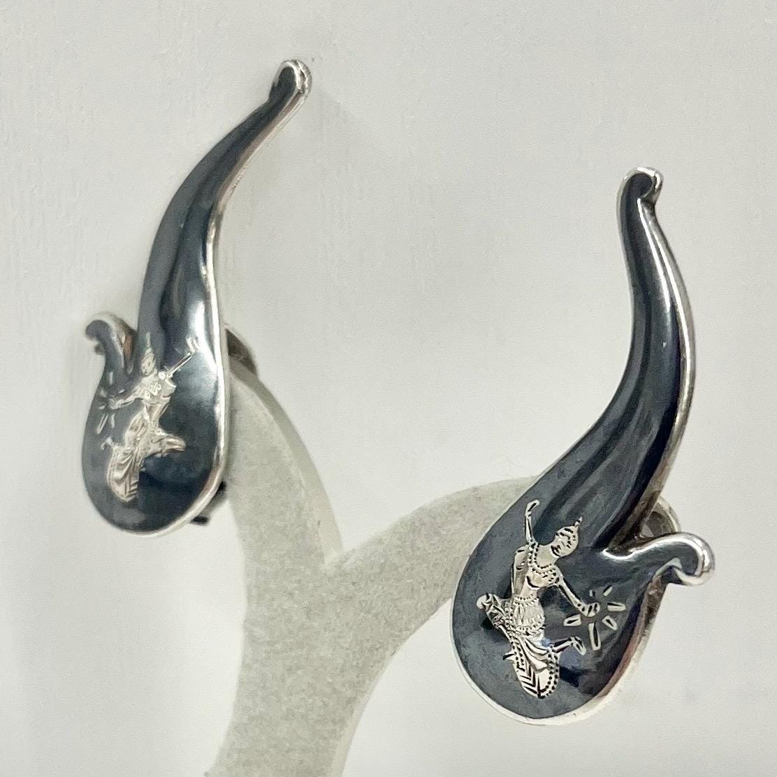 Vintage Sterling Silver Grey Enamelled Siam Dacinv Ladies Clip On Earrings 1970’s - 1980’s Ethnic Design TheGreenGlassGemShop
