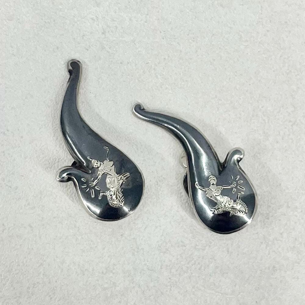 Vintage Sterling Silver Grey Enamelled Siam Dacinv Ladies Clip On Earrings 1970’s - 1980’s Ethnic Design TheGreenGlassGemShop