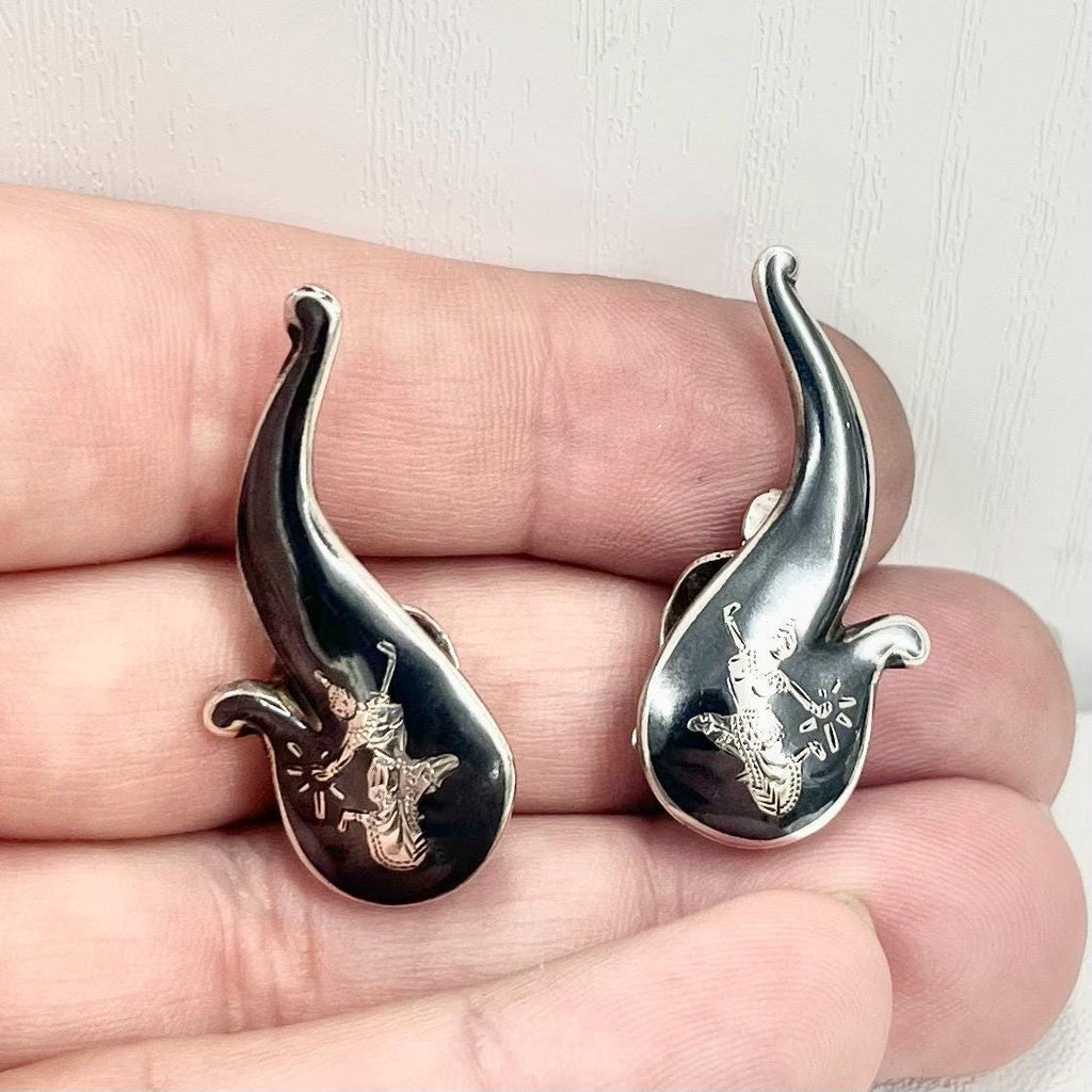 Vintage Sterling Silver Grey Enamelled Siam Dacinv Ladies Clip On Earrings 1970’s - 1980’s Ethnic Design TheGreenGlassGemShop