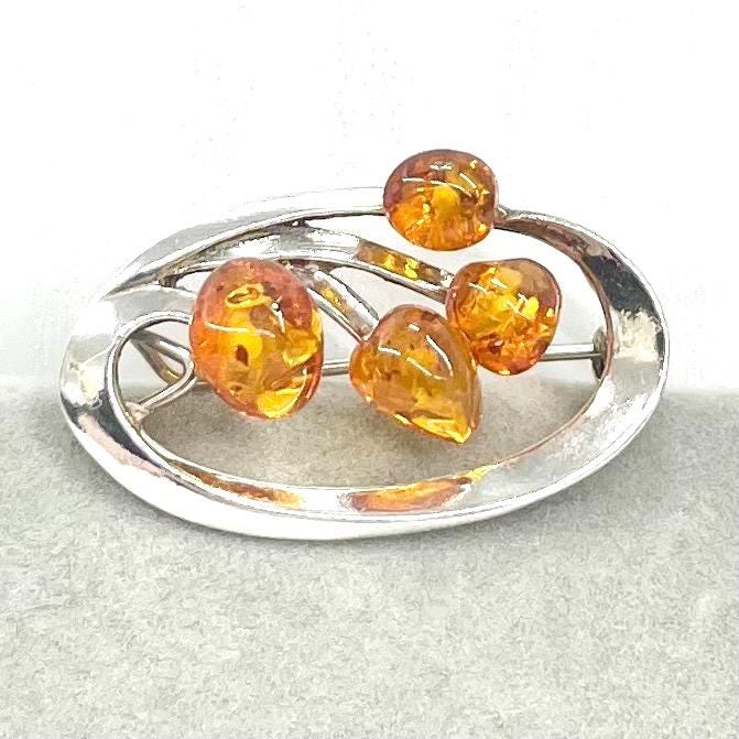 Vintage Sterling Silver Amber Nugget Brooch / Pendant Art Nouveau Leafy Floral Style TheGreenGlassGemShop