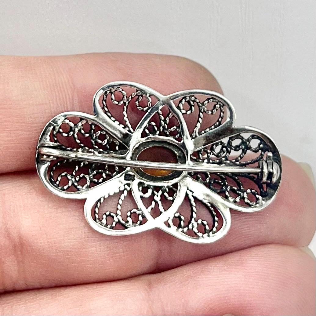 Vintage Filigree Openwork Sterling Silver Amber Brooch Art Nouveau Style Beautifully Designed TheGreenGlassGemShop