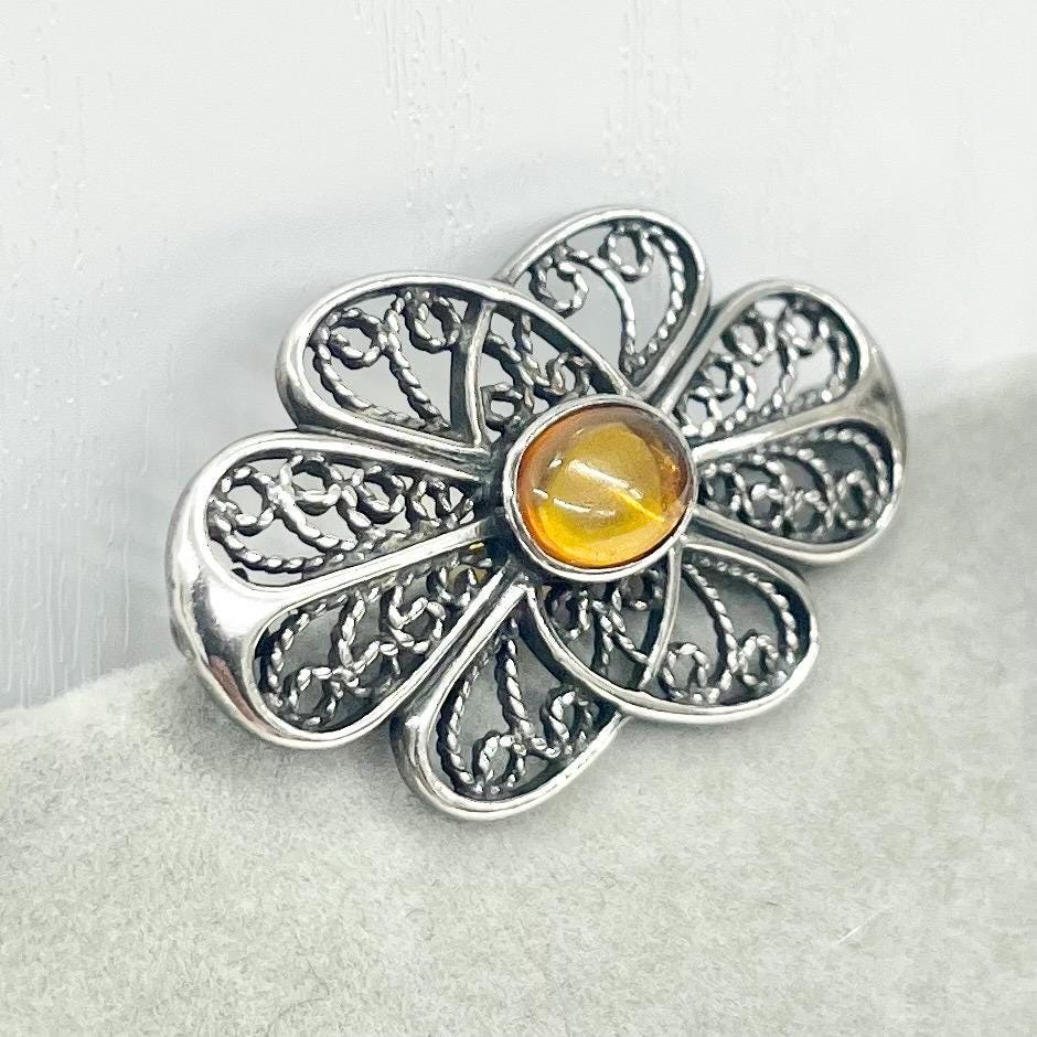 Vintage Filigree Openwork Sterling Silver Amber Brooch Art Nouveau Style Beautifully Designed TheGreenGlassGemShop