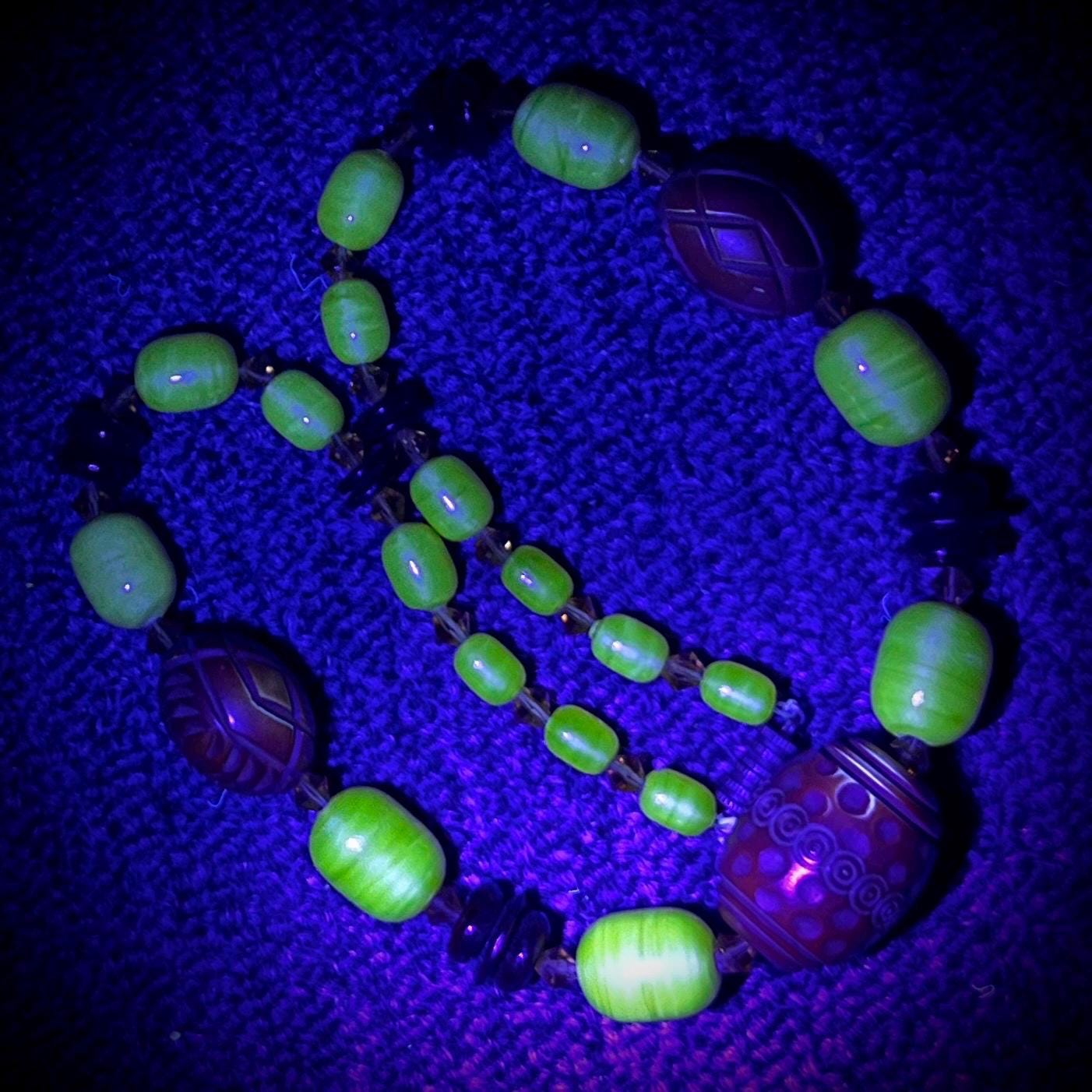 Vintage 1930’s 40’s Yellow Uranium Satin Glass & Galaith Bead African Style Necklace Green Under UV Light UV Reactive Glow Jewellery TheGreenGlassGemShop