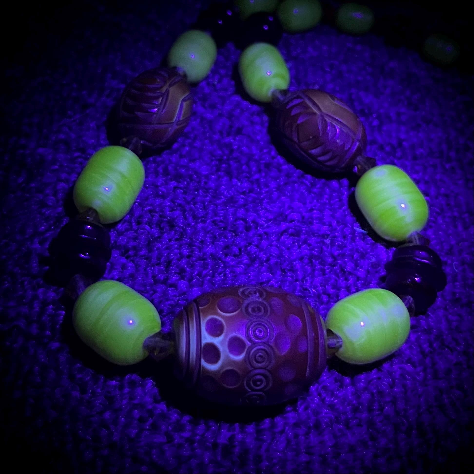 Vintage 1930’s 40’s Yellow Uranium Satin Glass & Galaith Bead African Style Necklace Green Under UV Light UV Reactive Glow Jewellery TheGreenGlassGemShop