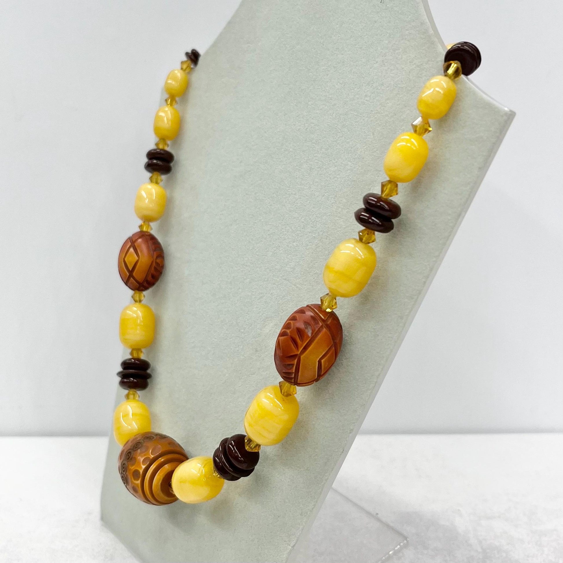 Vintage 1930’s 40’s Yellow Uranium Satin Glass & Galaith Bead African Style Necklace Green Under UV Light UV Reactive Glow Jewellery TheGreenGlassGemShop
