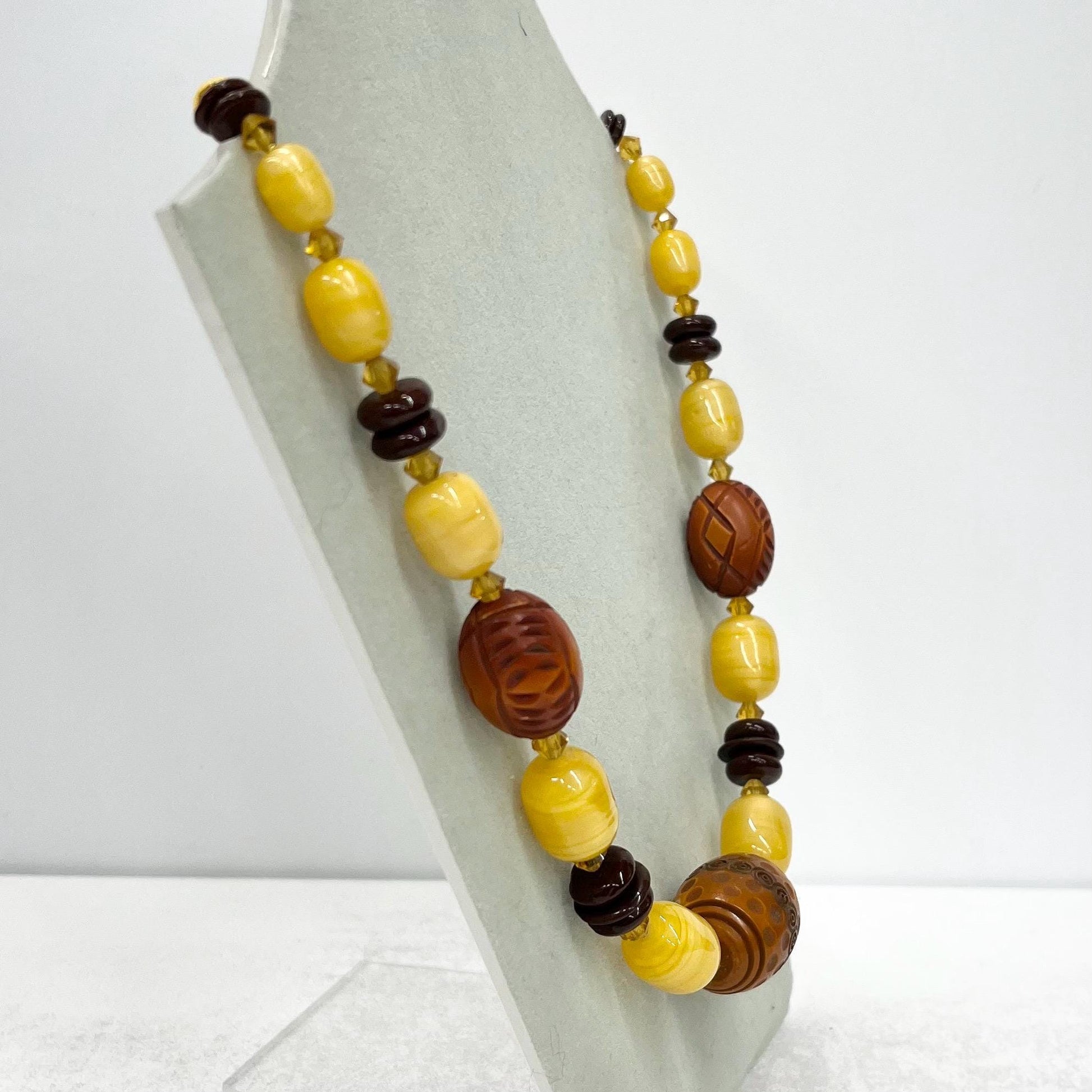 Vintage 1930’s 40’s Yellow Uranium Satin Glass & Galaith Bead African Style Necklace Green Under UV Light UV Reactive Glow Jewellery TheGreenGlassGemShop