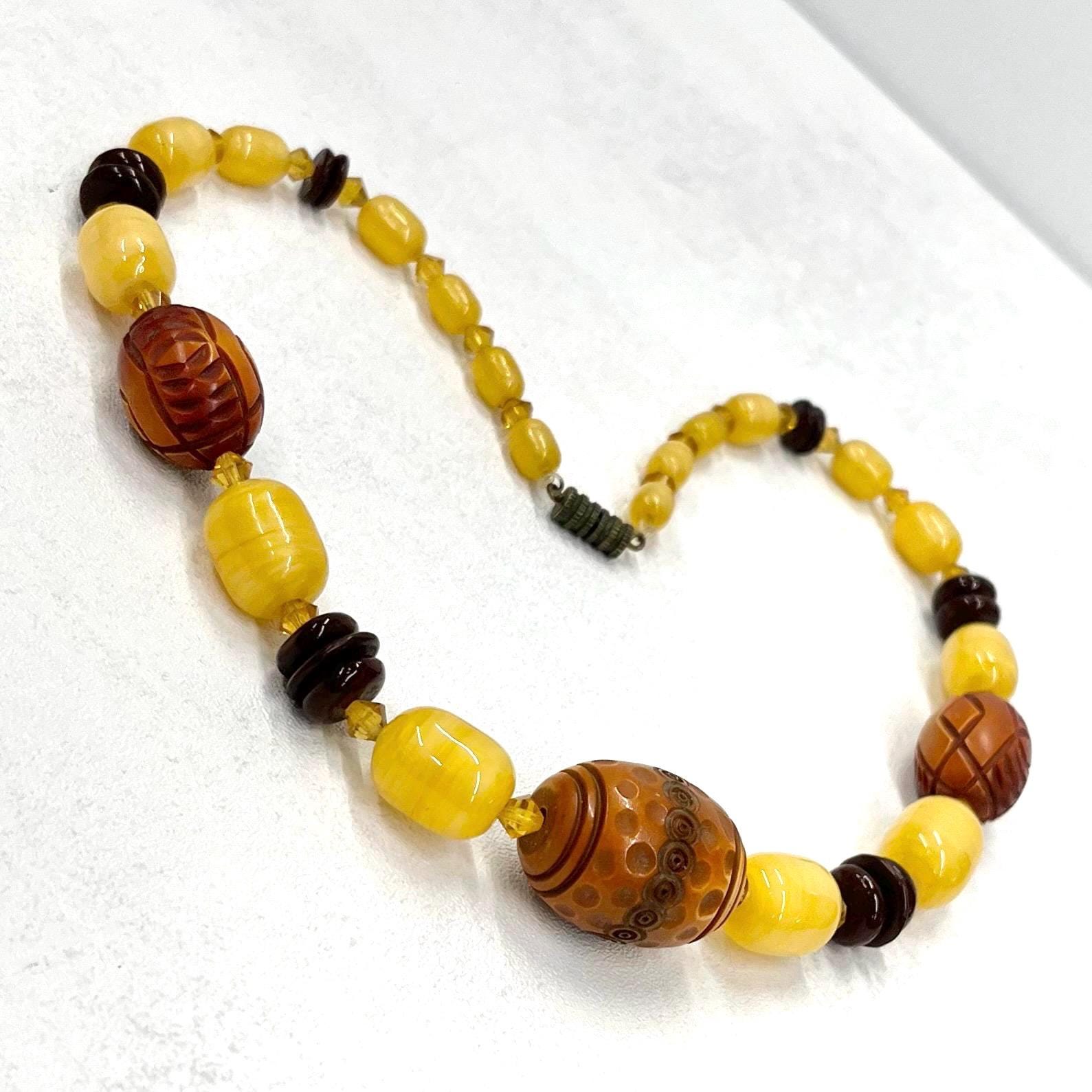 Vintage 1930’s 40’s Yellow Uranium Satin Glass & Galaith Bead African Style Necklace Green Under UV Light UV Reactive Glow Jewellery TheGreenGlassGemShop