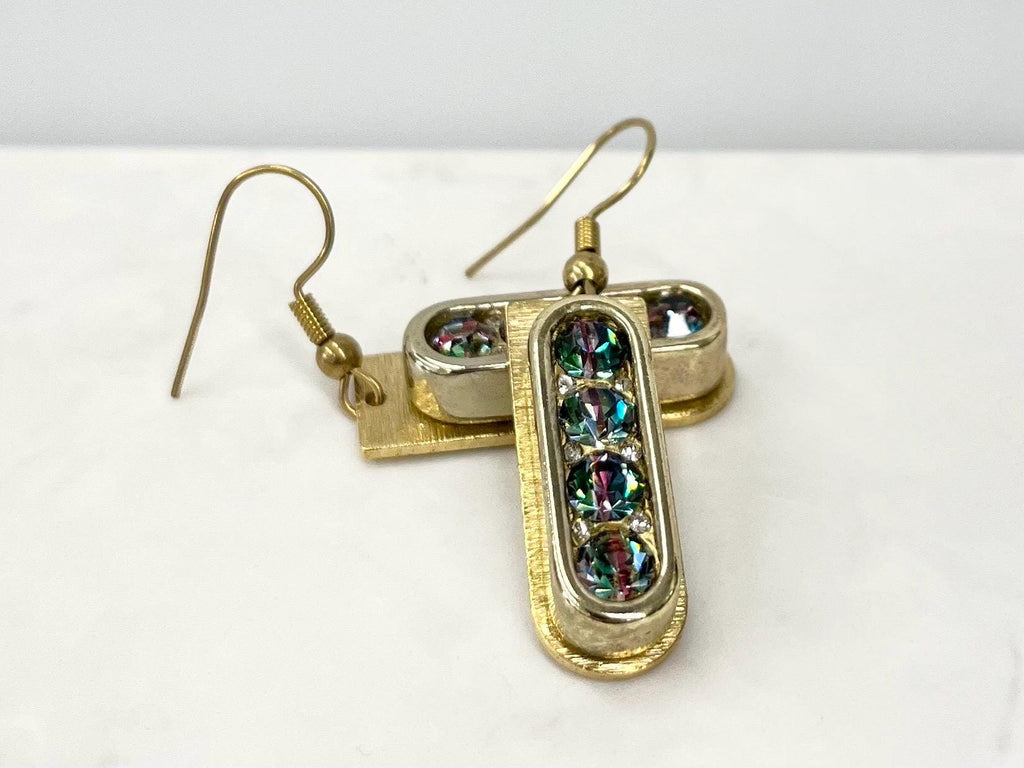 Handmade Swarovski Crystal Rainbow Iris Brass Earrings Contemporary Design with Hook Ear Wires TheGreenGlassGemShop
