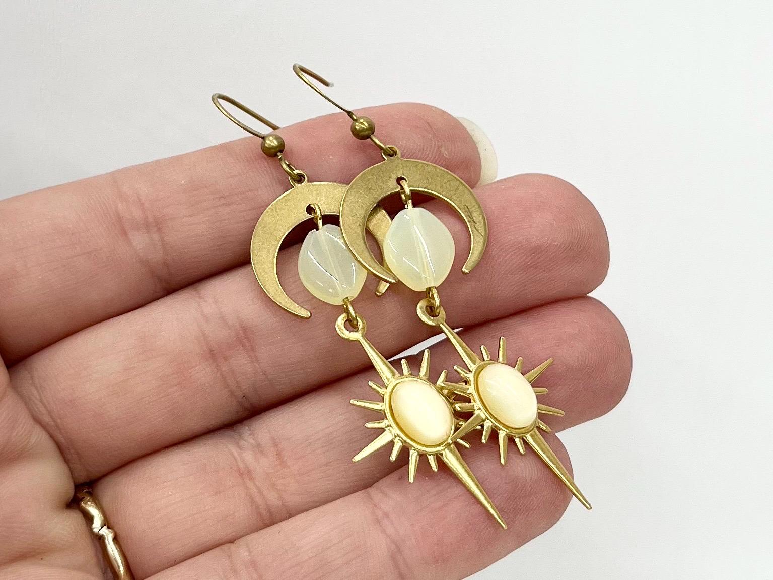 Handmade Long Yellow Uranium Glass Bead Drop Moon & Sun Earrings UV Reactive Glow with Vintage Czech Beads TheGreenGlassGemShop