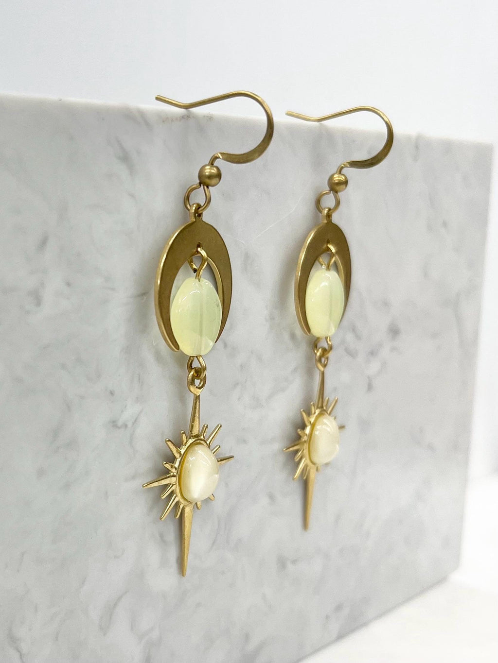 Handmade Long Yellow Uranium Glass Bead Drop Moon & Sun Earrings UV Reactive Glow with Vintage Czech Beads TheGreenGlassGemShop