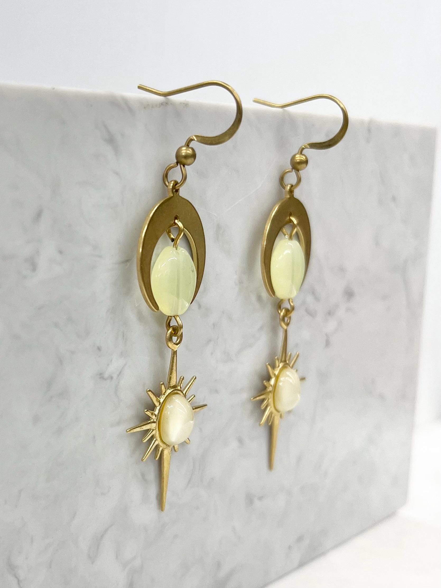 Handmade Long Yellow Uranium Glass Bead Drop Moon & Sun Earrings UV Reactive Glow with Vintage Czech Beads TheGreenGlassGemShop