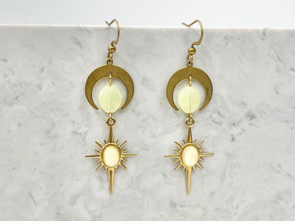 Handmade Long Yellow Uranium Glass Bead Drop Moon & Sun Earrings UV Reactive Glow with Vintage Czech Beads TheGreenGlassGemShop