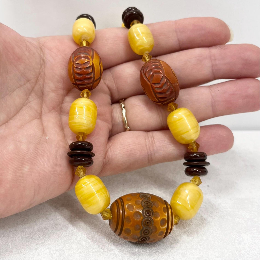 Vintage 1930’s 40’s Yellow Uranium Satin Glass & Galaith Bead African Style Necklace Green Under UV Light UV Reactive Glow Jewellery TheGreenGlassGemShop