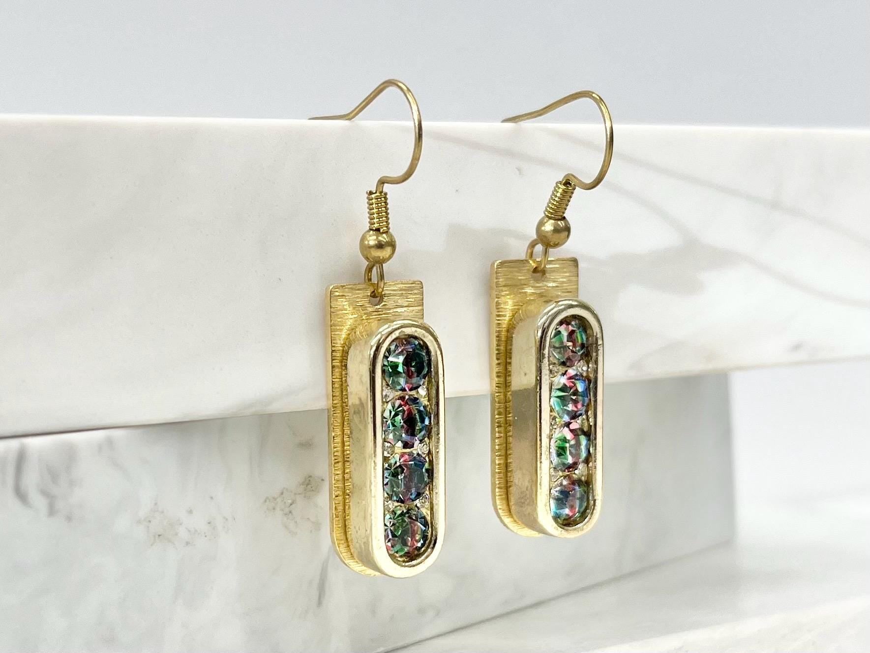 Handmade Swarovski Crystal Rainbow Iris Brass Earrings Contemporary Design with Hook Ear Wires TheGreenGlassGemShop
